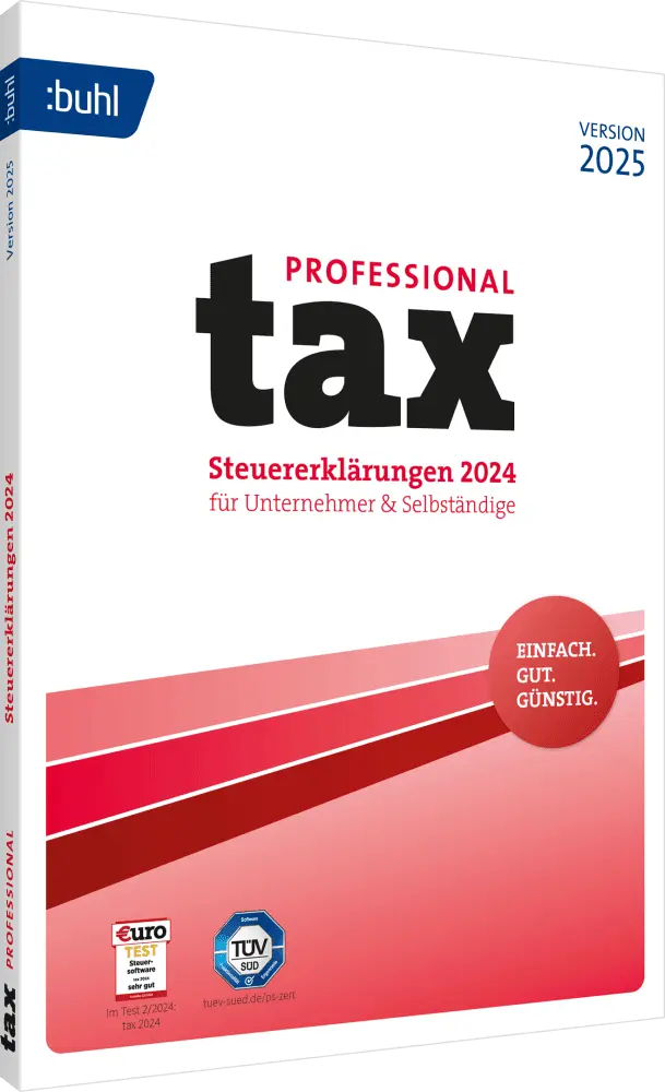 Verpackung der tax Professional 2025 Software für Steuererklärungen 2024 für Unternehmer und Selbstständige