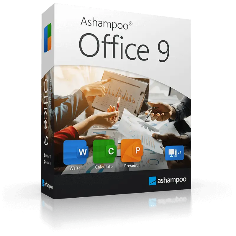 Produktbild von Ashampoo Office 9 – Office-Software-Suite für Write, Calculate und Present, Dauerlizenz für 5 Geräte, kompatible Alternative zu Microsoft Office