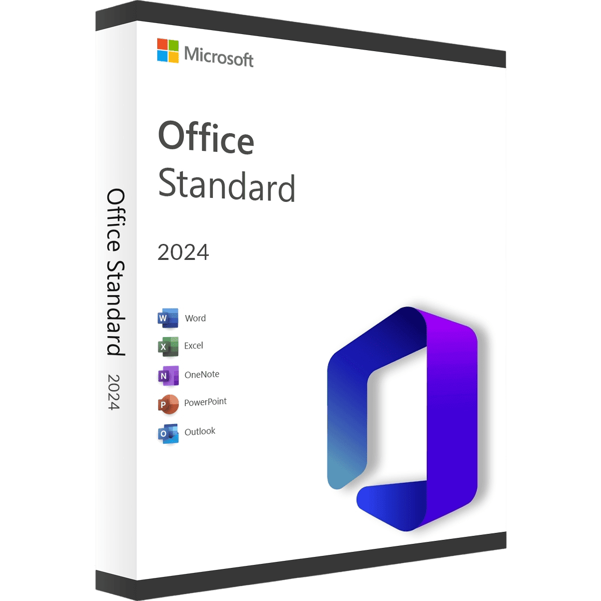 Verpackung von Microsoft Office Standard 2024 mit Programmlogos für Word, Excel, OneNote, PowerPoint und Outlook