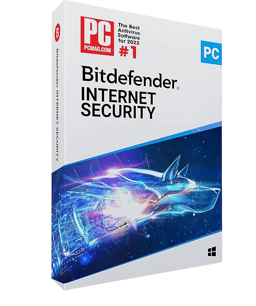 Verpackung von Bitdefender Internet Security 2023, ausgezeichnet als bestes Antivirenprogramm von PCMag.