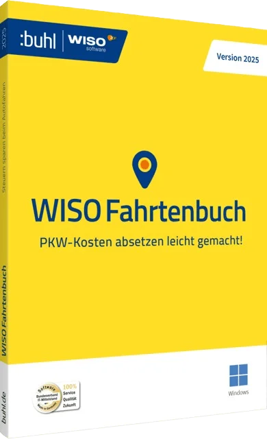 WISO Fahrtenbuch 2025 Softwareverpackung in Gelb mit dem Slogan 'PKW-Kosten absetzen leicht gemacht'