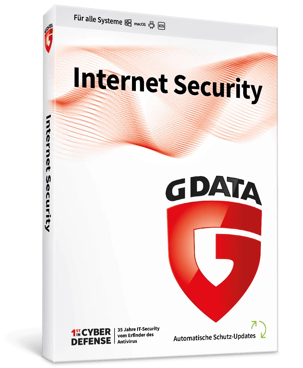 Verpackung der G DATA Internet Security Software mit rotem G-Logo auf weißem Hintergrund, bietet Schutz für alle Systeme.