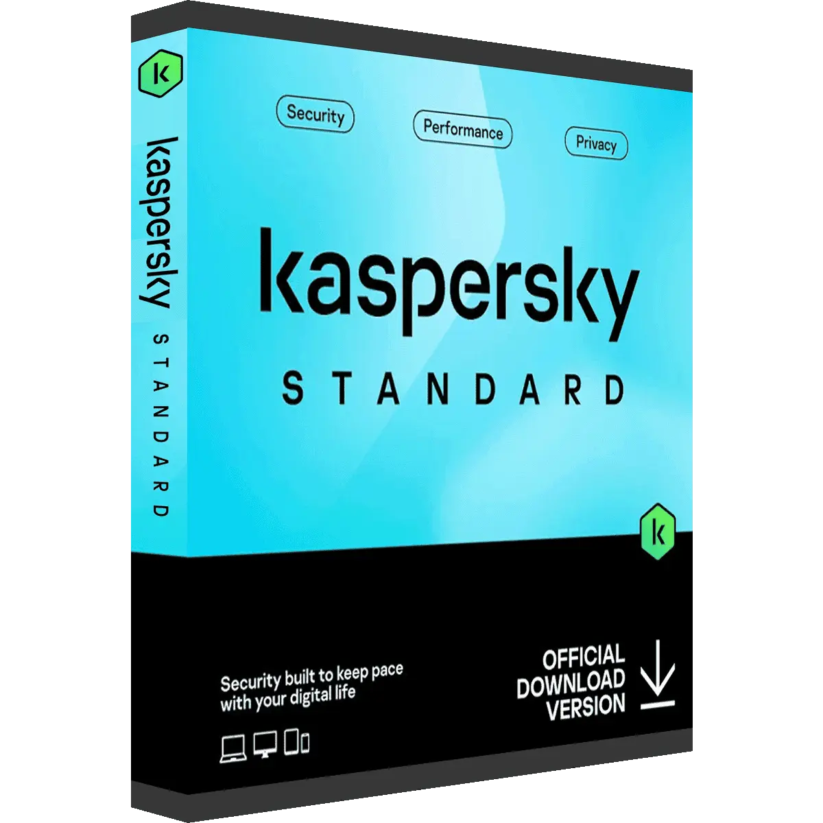 Produktbild der Kaspersky Standard Softwarebox mit Fokus auf Sicherheits-, Leistungs- und Datenschutzmerkmale