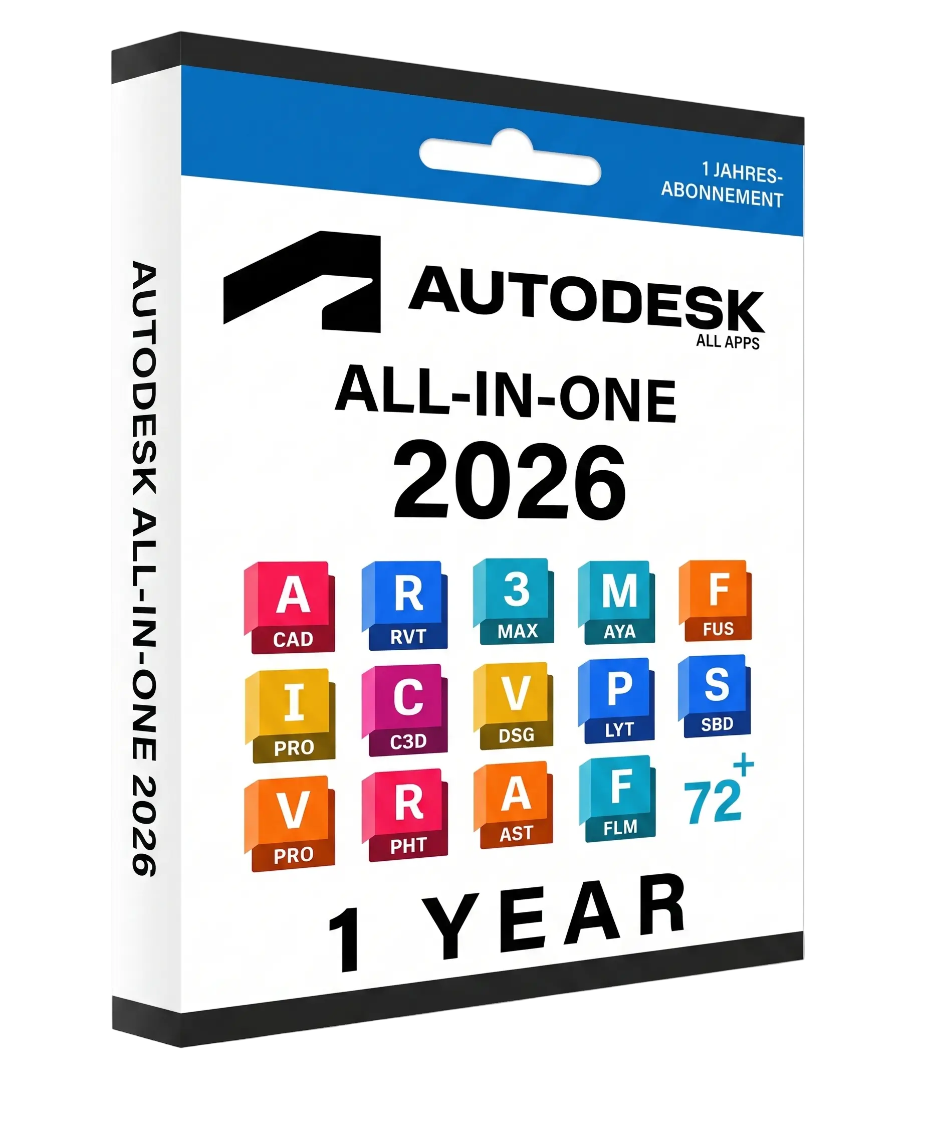 Produktverpackung der Autodesk Apps Collection (PC, Mac) als All-in-One 2026 Komplettpaket mit über 72 Autodesk-Programmen für Konstruktion, Design und Visualisierung, 1-Jahres-Lizenz