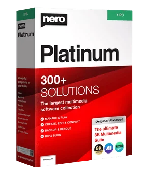 Produktverpackung der Nero Platinum 2023 Software für Multimedia-Anwendungen, inklusive Funktionen wie Media Management, Backup und Konvertierung.