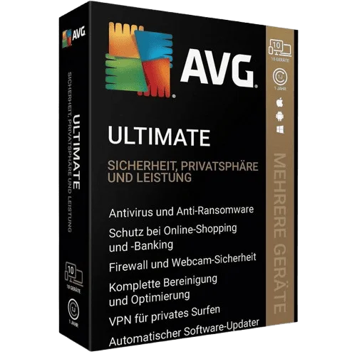 Verpackung der AVG Ultimate Sicherheitssoftware mit Antivirus, Anti-Ransomware und VPN