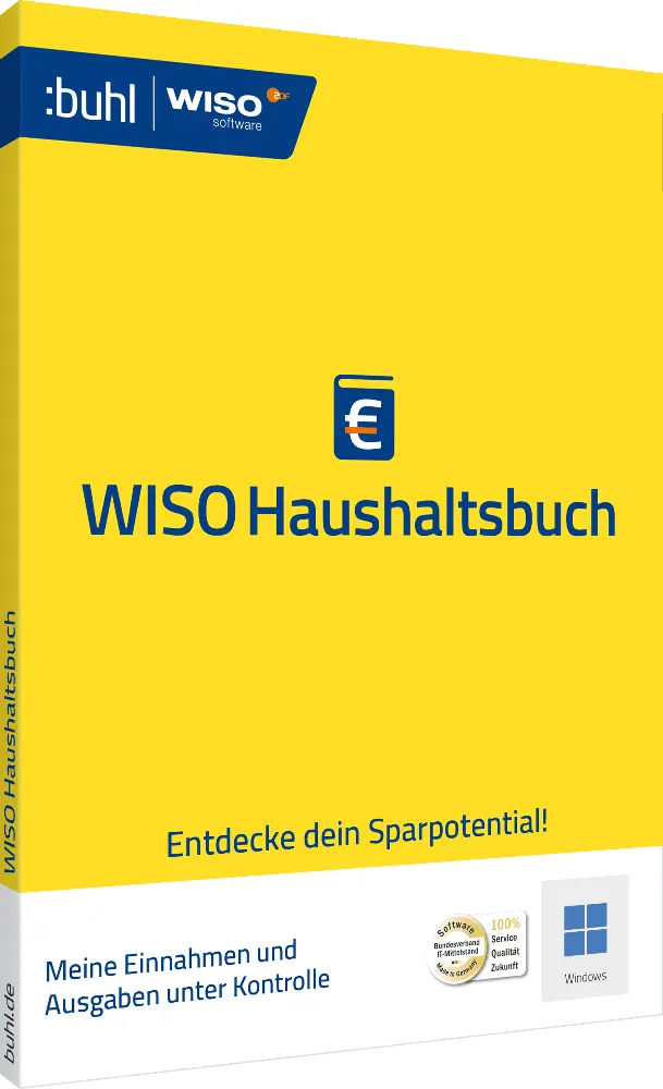 WISO Haushaltsbuch Softwareverpackung mit dem Slogan 'Entdecke dein Sparpotential!' und Hinweis auf Einnahmen- und Ausgabenkontrolle.