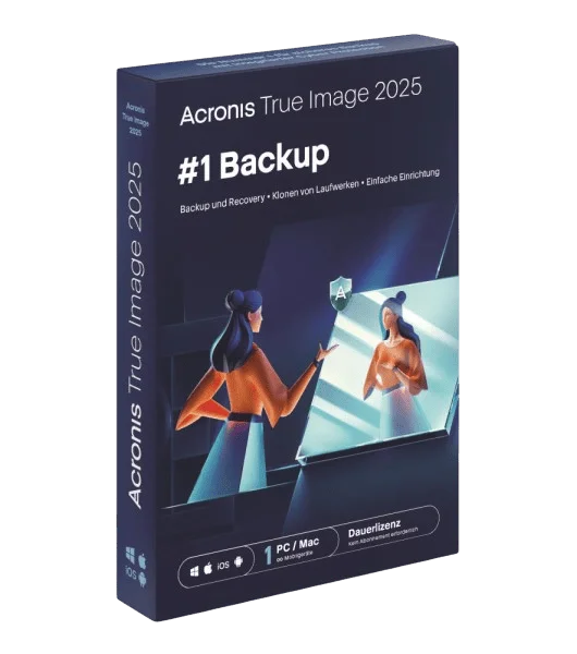 Verpackung der Acronis True Image 2025 Software, zeigt Backup und Recovery Funktionen für PC und Mac mit Dauerlizenz