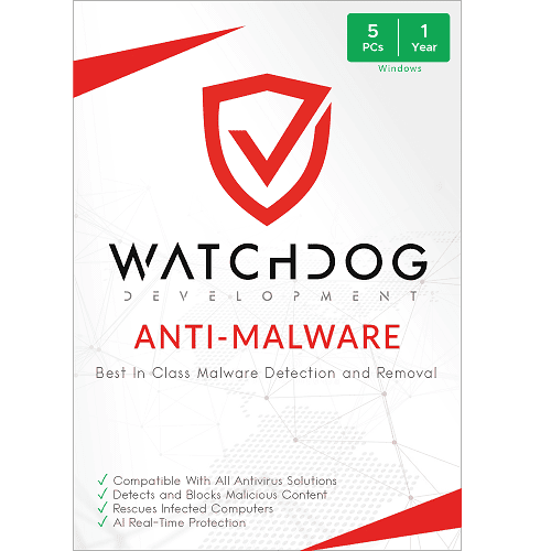 Verpackung der Watchdog Development Anti-Malware Software, bietet umfassenden Schutz und Erkennung für 5 PCs, gültig für 1 Jahr.