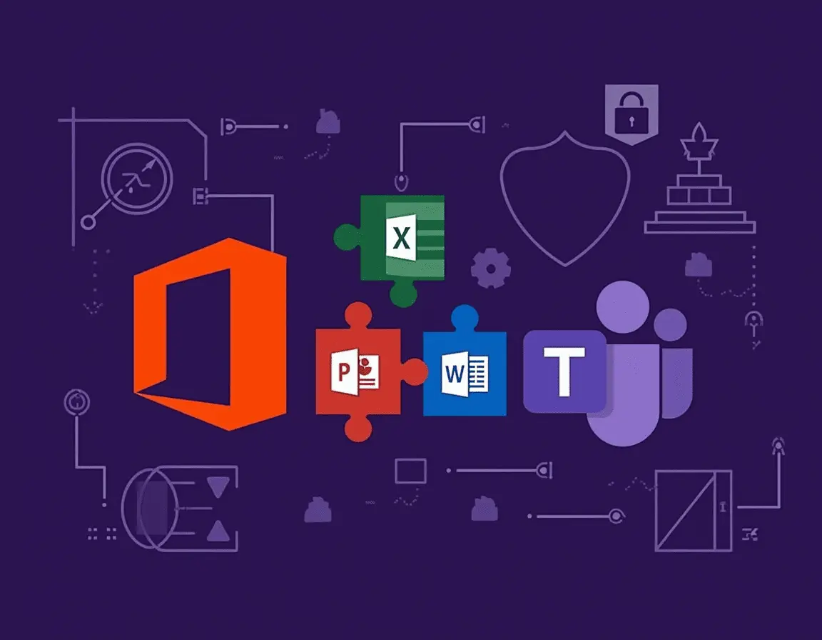 Microsoft Office-Logos auf Puzzleteilen mit Symbolen für Excel, PowerPoint, Word und Teams vor lila Hintergrund