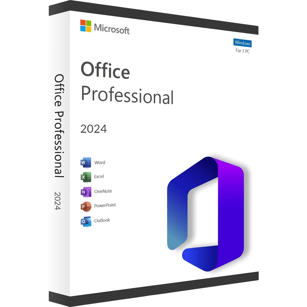 Verpackung von Microsoft Office Professional 2024 mit Symbolen für Word, Excel, OneNote, PowerPoint und Outlook