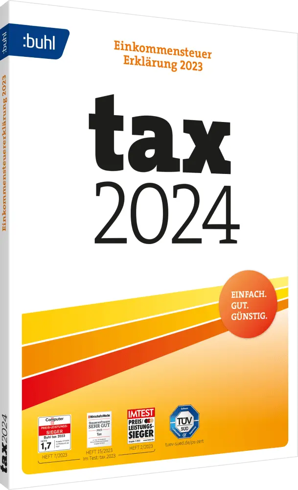 Verpackung der tax 2024 Software zur Erstellung der Einkommensteuererklärung 2023 mit Auszeichnungen und TÜV-Siegel