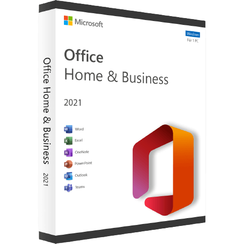 Abbildung der Verpackung von Microsoft Office Home & Business 2021 mit Logos der enthaltenen Programme.