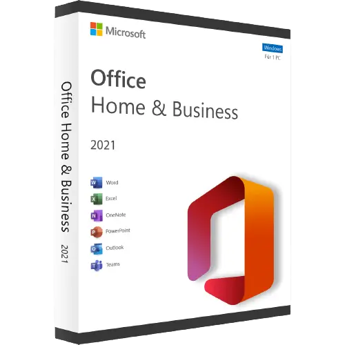 Abbildung der Verpackung von Microsoft Office Home & Business 2021 mit Logos der enthaltenen Programme.