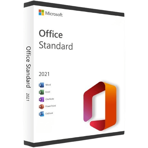 Verpackung der Microsoft Office Standard 2021 Software mit Icons von Word, Excel, OneNote, PowerPoint und Outlook
