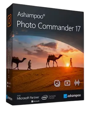 Produktverpackung von Ashampoo Photo Commander 17 mit Wüstenmotiv, Software für Fotoverwaltung, Diashows und 1-Klick-Bildoptimierung von Ashampoo