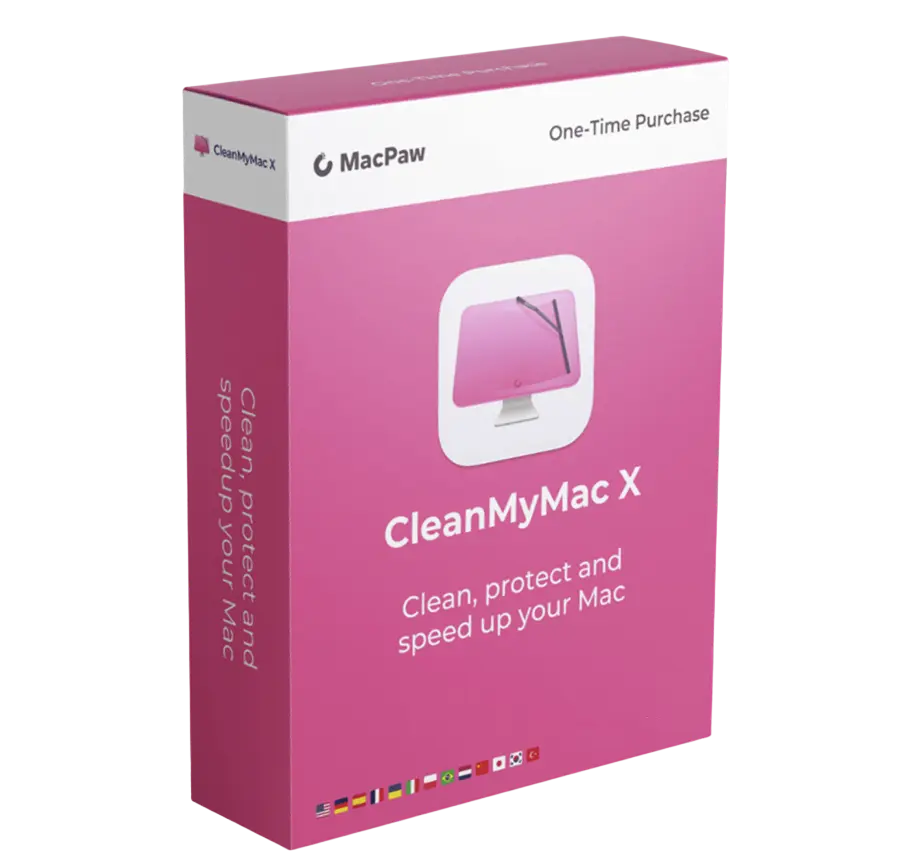 Produktverpackung von Clean My Mac X (MAC) (1 Gerät, 1 Jahr) von MacPaw, Software zur Bereinigung, Optimierung und Malware-Schutz für macOS