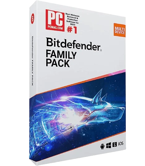 Bitdefender Family Pack Verpackung, Mehrgeräte-Schutz, PCMag Auszeichnung 2023