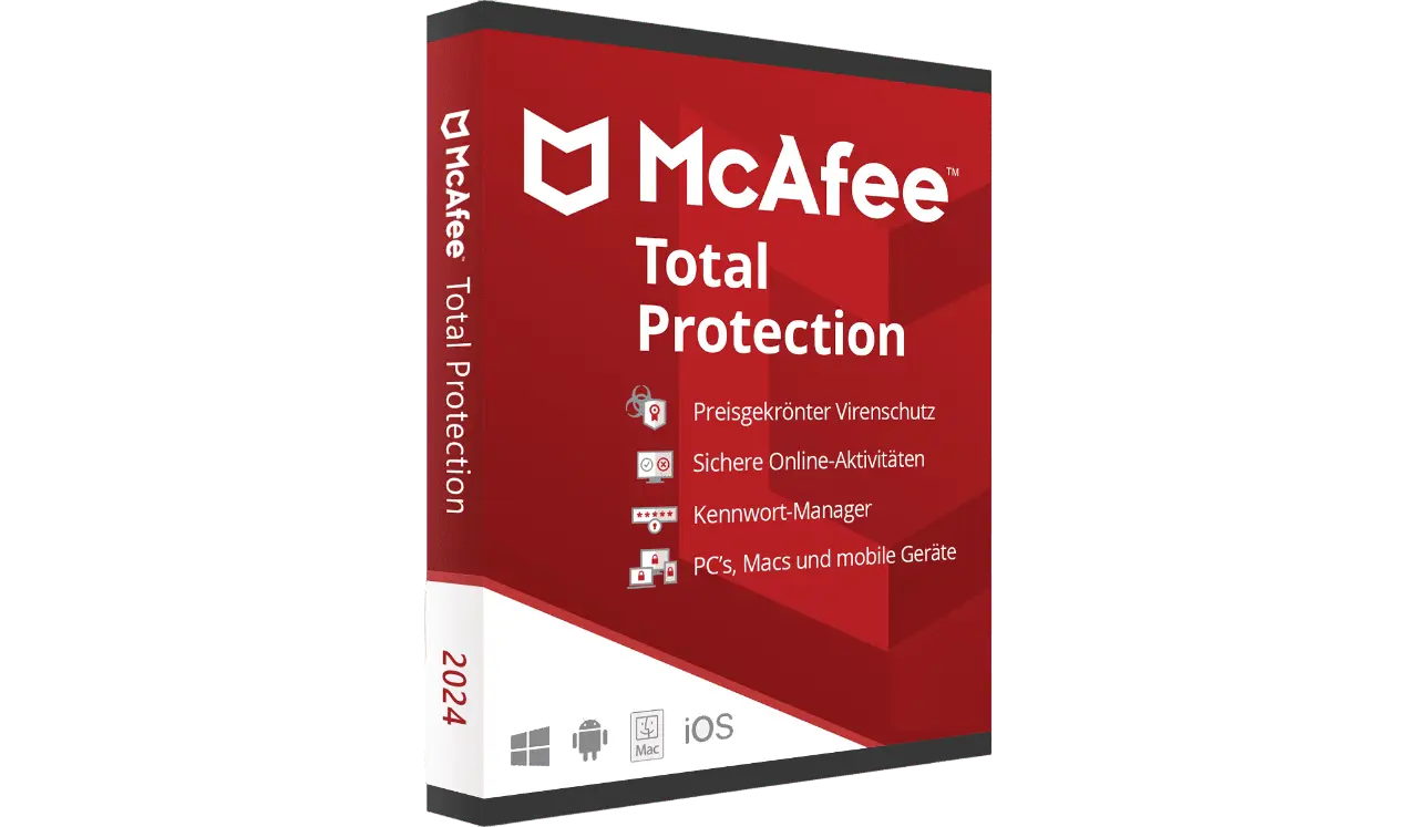 Produktverpackung von McAfee Total Protection 2024 mit Funktionen wie Virenschutz und Kennwort-Manager