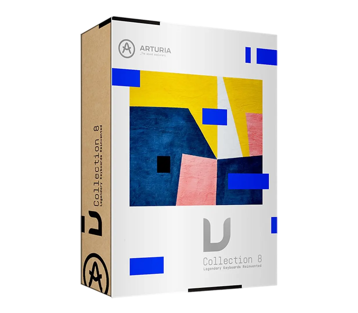Produktverpackung der Arturia V Collection 8 Software mit 28 virtuellen Synthesizern, legendären Keyboards und Pianos für DAW-Integration