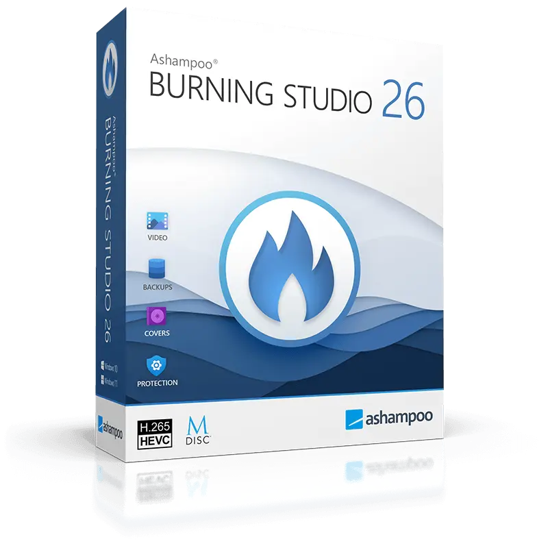 Produktbild der Softwarebox Ashampoo Burning Studio 26 von Ashampoo für das Brennen von Daten, Musik, Videos und Backups auf CD, DVD und Blu-ray