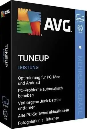 Verpackung der AVG TuneUp Software zur Leistungsoptimierung für PC, Mac und Android. Enthält Funktionen zur automatischen Problembehebung und Junk-Datei-Entfernung.