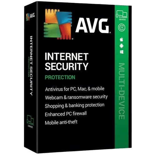 Verpackung der AVG Internet Security Software mit Schutz für verschiedene Geräte, einschließlich PC und Mobilgeräte.