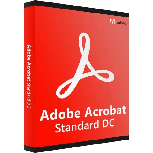 Rote Softwareverpackung von Adobe Acrobat Standard DC mit weißem Logo und Schriftzug