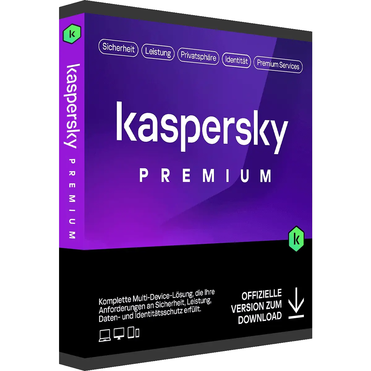 Verpackung der Kaspersky Premium Software für Sicherheit, Leistung und Privatsphäre