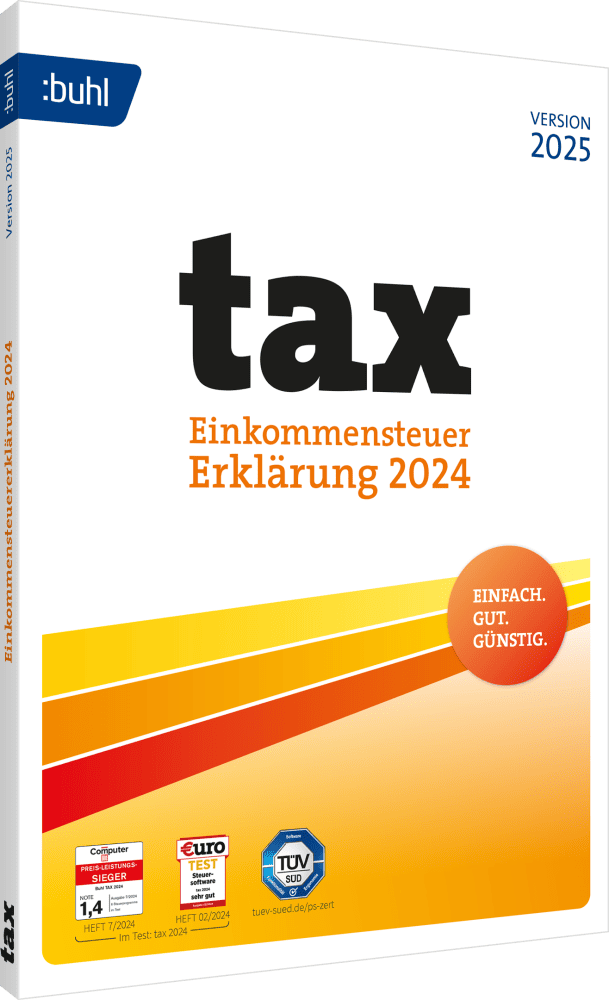 Verpackung der Software 'tax 2024' für die Einkommensteuer-Erklärung, Version 2025 von Buhl, hervorgehoben: Einfach. Gut. Günstig.