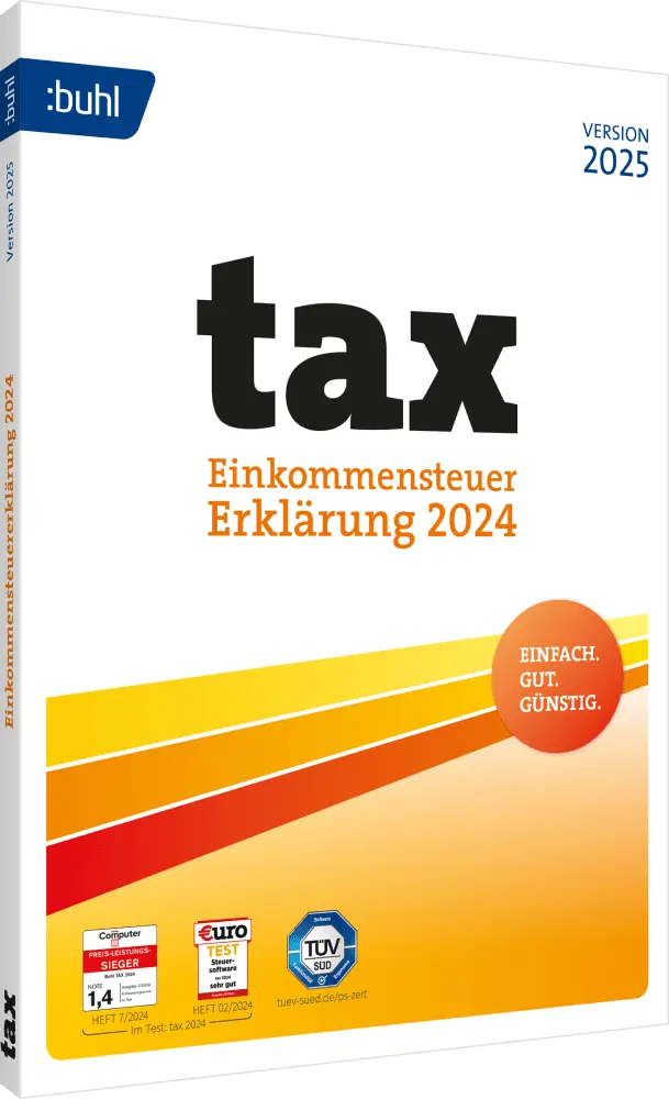 Verpackung der Software 'tax 2024' für die Einkommensteuer-Erklärung, Version 2025 von Buhl, hervorgehoben: Einfach. Gut. Günstig.