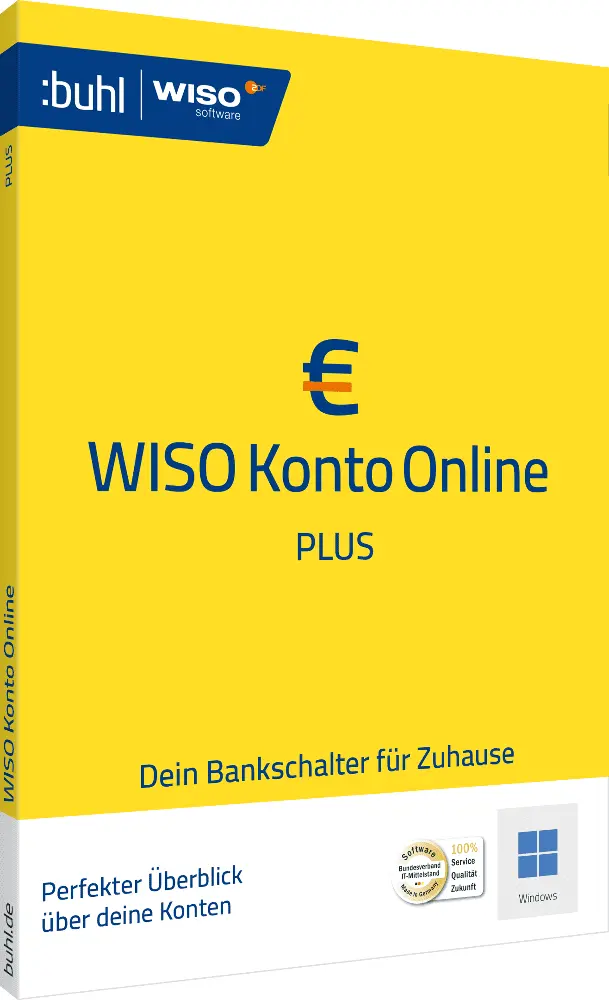 WISO Konto Online Plus Softwarebox mit gelbem Design und Euro-Symbol, Text: Dein Bankschalter für Zuhause