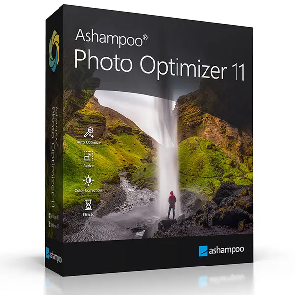 Produktverpackung von Ashampoo Photo Optimizer 11 mit Landschaftsbild, Foto-Optimierung per 1-Klick, Auto-Optimize, Resize, Farbkorrektur und Effekten