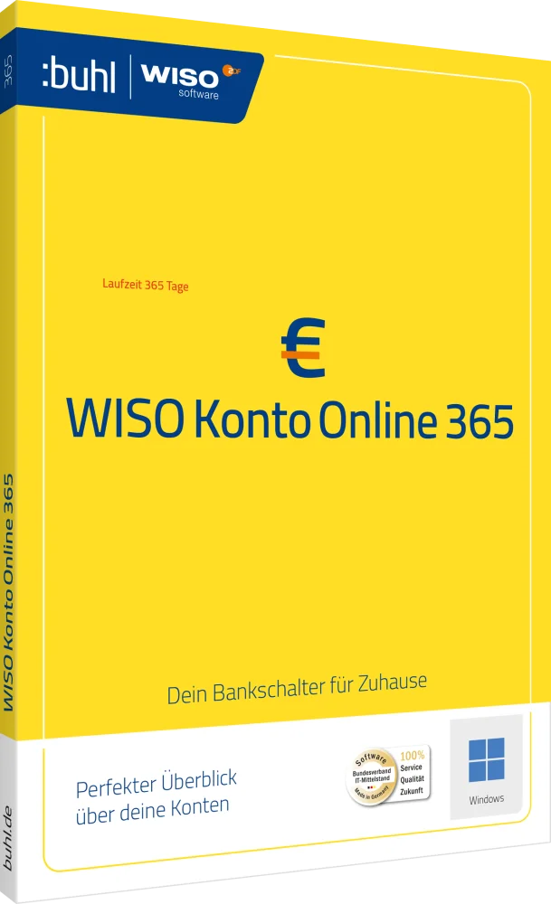 Verpackung der WISO Konto Online 365 Software für Windows, bietet perfekten Überblick über Konten