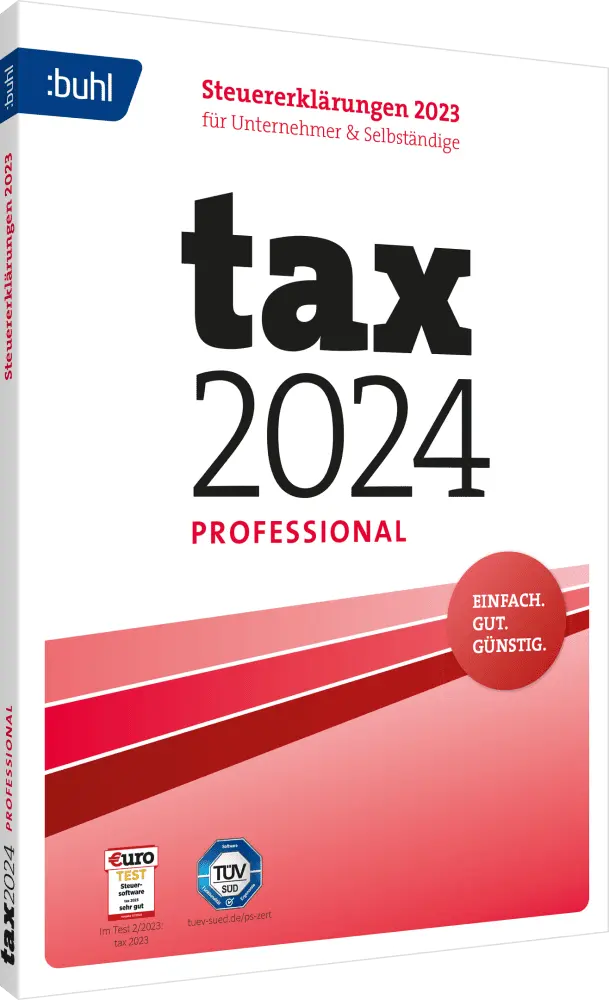Verpackung der Steuererklärungssoftware tax 2024 Professional für das Jahr 2023, geeignet für Unternehmer und Selbständige, ausgezeichnet im Euro-Test