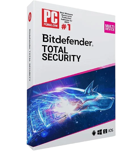 Verpackung der Software Bitdefender Total Security, ausgezeichnet als beste Sicherheitssoftware 2023 von PCMag.