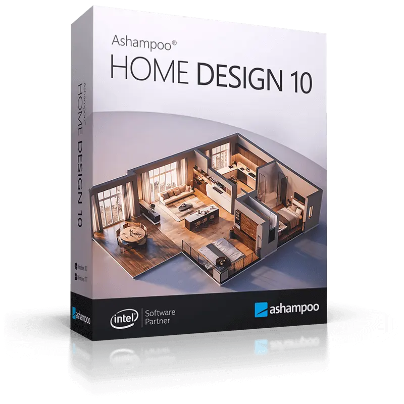 Produktverpackung von Ashampoo Home Design 10 mit 3D-Grundriss eines modern eingerichteten Hauses, Software zur einfachen 3D-Hausplanung und Innenraumgestaltung