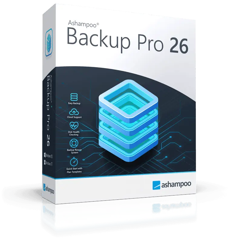 Ashampoo Backup Pro 26 Softwarebox mit blauer 3D Grafik